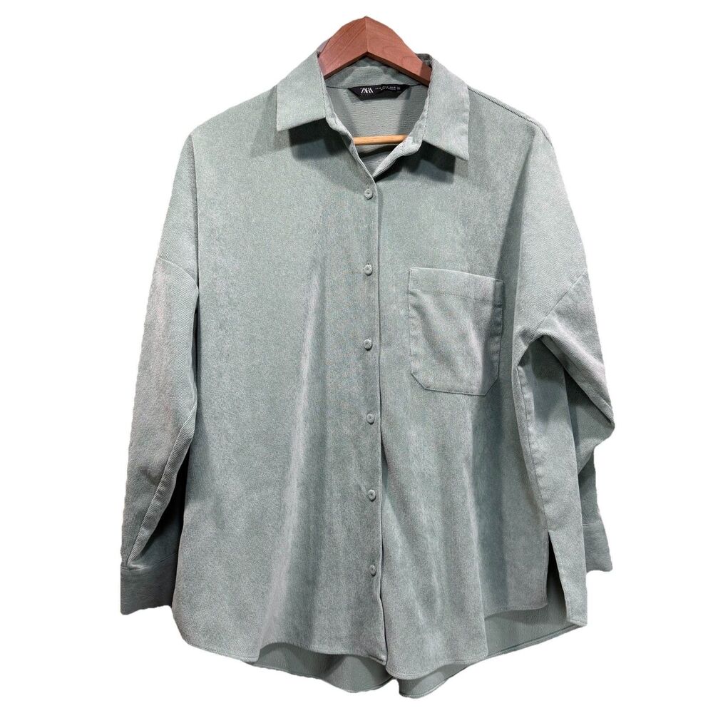 ZARA Womens Size M Sage Green Corduroy Button Up Collared Longsleeve Top